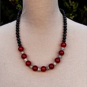 Elegant Red and Black Beaded Necklace with Silver Accents